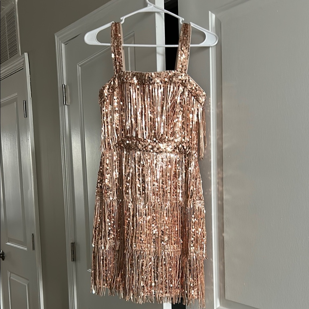 Sequin Fringe Womens Dress - Gold